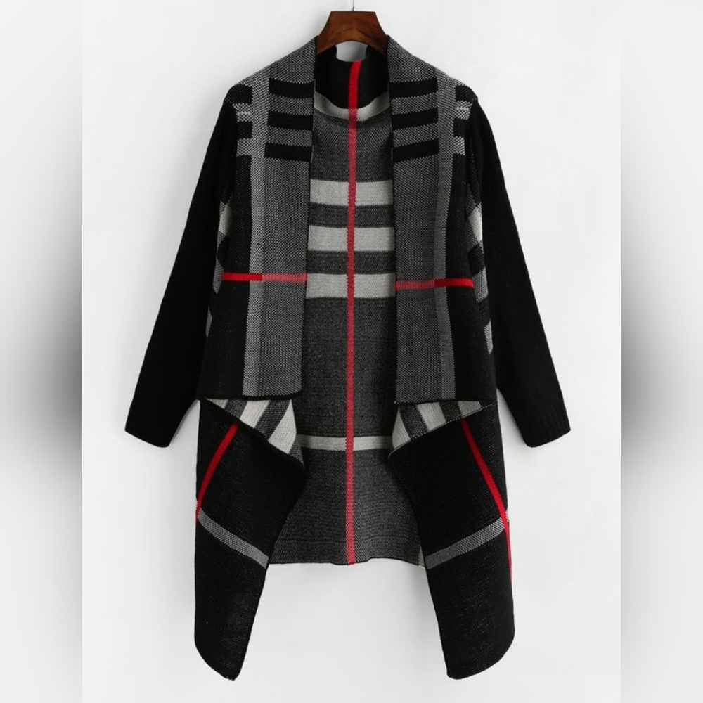 ePretty Tartan Waterfall Open Cardigan One Button Closure Long Sleeve Wrap  L/XL